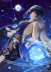 1girl ass asymmetrical_gloves backless_outfit bare_shoulders black_gloves black_pants blue_hair bracelet breasts commentary cowboy_shot dice full_moon fur-trimmed_jacket fur_trim genshin_impact gloves green_eyes highres jacket jewelry large_breasts leggings looking_at_viewer mismatched_gloves moon pants parted_lips purple_lips ryuuneart short_hair solo standing thighs white_gloves white_jacket yelan_(genshin_impact)