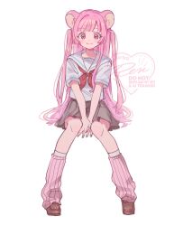 1girl animal_ears closed_mouth commission english_text full_body grey_skirt highres leg_warmers long_hair looking_at_viewer original pink_eyes pink_hair pink_leg_warmers rn_(kicakabe) shirt simple_background sitting skirt smile solo watermark white_background white_shirt