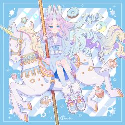 1girl :o animal_ears bandaid bandaid_on_knee bandaid_on_leg belt blue_background blue_bow blue_bowtie blue_choker blue_eyes blue_hair blue_jacket blue_nails blue_shoes blunt_bangs border bow bowtie carousel choker commentary crescent cup cupcake curly_hair disposable_cup donut drill_hair drill_sidelocks expressionless floating_hair food footwear_bow full_body gradient_hair hair_ornament hikimayu holding holding_cup horns horse_ears ice_cream inset_border jacket jitome leg_warmers long_hair long_sleeves looking_at_viewer macaron multicolored_eyes multicolored_hair no_pupils original outline parted_bangs pastel_colors pendant_choker pink_eyes pink_hair saddle shoes sidelocks signature single_horn sitting sleeves_past_wrists sneakers solo sorata123 sparkle star_(symbol) star_hair_ornament sundae tassel too_many_drills two-sided_fabric two-tone_eyes two-tone_hair unicorn unicorn_horn white_belt white_outline yume_kawaii