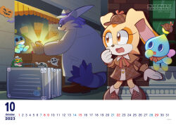 1boy 1girl absurdres animal animal_ears animal_nose archived_source big_the_cat brown_dress brown_shoes cat_boy chao_(sonic) cheese_(sonic) child coat cream_the_rabbit dress frog froggy_(sonic) full_body furry furry_female furry_male gloves halloween hat highres long_sleeves official_art rabbit_ears rabbit_girl shoes sonic_(series) sonic_channel standing white_coat white_gloves white_hat