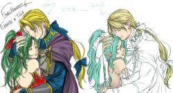 0505nao 1boy artist_progress bare_shoulders blonde_hair bridal_gauntlets cape closed_eyes couple cropped_torso dated detached_sleeves earrings edgar_roni_figaro english_text final_fantasy final_fantasy_vi flat_color green_hair hand_on_another&#039;s_head hug jewelry light_frown long_hair low_ponytail ponytail redrawn ribbon sketch spot_color tina_branford unfinished white_background
