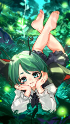 1girl absurdres antennae barefoot black_cape cape feet green_eyes green_hair highres kourou_(kouroukun) long_sleeves lying on_stomach shirt short_hair shorts soles solo the_pose toes touhou white_shirt wriggle_nightbug