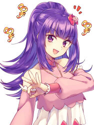 Rule 34 | 1girl, :d, bad id, bad pixiv id, blunt bangs, commentary request, detached sleeves, flower, hair flower, hair ornament, hanazono shuka, hand up, idol clothes, idol time pripara, jewelry, long hair, long sleeves, looking at viewer, n (m ohkamotoh), necklace, notice lines, ok sign, open mouth, pink shirt, ponytail, pretty series, pripara, purple eyes, purple hair, shirt, simple background, smile, solo, upper body, white background