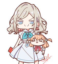 &gt;:) 2girls :d =_= absurdres aqua_neckerchief blue_dress blue_eyes blush breasts c: carrying carrying_person ceras_yanagida_lilienfeld chibi closed_eyes closed_mouth commentary deformed dress grey_hair hair_intakes hair_ornament hair_ribbon hashtag-only_commentary hasu_no_sora_school_uniform highres hinoshita_kaho jitome large_breasts link!_like!_love_live! long_hair looking_at_viewer love_live! medium_dress medium_hair multiple_girls neckerchief oofushi_ao open_mouth orange_hair pink_ribbon pleated_dress puffy_short_sleeves puffy_sleeves rabbit_hair_ornament red_neckerchief ribbon school_uniform short_sleeves signature simple_background smile split_mouth summer_uniform translated two_side_up v-shaped_eyebrows virtual_youtuber white_background