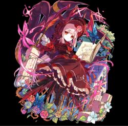 1girl black_background blue_butterfly blunt_bangs bonnet book boots bug butterfly capelet child closed_mouth cross dress expressionless floating flower frilled_dress frills full_body gears gothic_lolita hair_flower hair_ornament hand_up harriet_(merc_storia) hat highres holding holding_quill insect lolita_fashion long_hair long_sleeves looking_at_viewer magic merc_storia official_art open_book pink_flower pink_hair plant quill red_dress red_eyes red_flower red_hat red_rose rose sitting solo tachi-e thorns very_long_hair vines wings