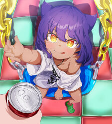 Rule 34 | 1girl, 1other, 5s0n9, :q, absurdres, arm up, blush, breasts, can, closed mouth, clothes writing, commentary, crocs, dark-skinned female, dark skin, diamond-shaped pupils, diamond (shape), fang, from above, green footwear, highres, holding, holding can, jahy, jahy-sama wa kujikenai!, long hair, looking at viewer, naked shirt, on swing, outstretched arm, purple hair, shirt, short sleeves, single bare shoulder, single off shoulder, sitting, small breasts, smile, solo focus, swing, symbol-shaped pupils, tongue, tongue out, white shirt, yellow eyes