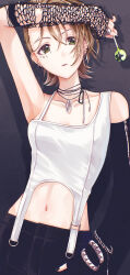 Rule 34 | 1girl, absurdres, arm up, black gloves, black nails, black pants, bracelet, breasts, brown hair, candy, collarbone, earrings, elbow gloves, fingerless gloves, food, gloves, green eyes, highres, holding, holding candy, holding food, holding lollipop, hoop earrings, idolmaster, idolmaster cinderella girls, jewelry, kimura natsuki, kumatsuki (no-kirin), lollipop, midriff, nail polish, navel, pants, parted lips, ring, shirt, short hair, single elbow glove, sleeveless, sleeveless shirt, solo, standing, star (symbol), white shirt