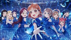Rule 34 | 6+girls, :d, ;d, absurdres, ahoge, aqours finale lovelive! ~eikyuu stage~, aqua eyes, bare shoulders, black hair, blonde hair, blue dress, blue eyes, blue hair, blunt bangs, braid, brown hair, clothing cutout, commentary request, cowboy shot, crown braid, double bun, dress, eikyuu hours, grey hair, grin, hair bun, hair ornament, hair ribbon, hairclip, half updo, high ponytail, highres, indoors, kunikida hanamaru, kurosawa dia, kurosawa ruby, kyaku tasu, looking at viewer, love live!, love live! sunshine!!, matsuura kanan, multiple girls, o arms, offering hand, official alternate costume, ohara mari, one eye closed, open mouth, orange hair, ponytail, purple eyes, red eyes, red hair, ribbon, ribbon braid, sakurauchi riko, salute, short hair, shoulder cutout, side braid, sidelocks, single side bun, smile, streamers, takami chika, teeth, tsushima yoshiko, upper teeth only, v, v-shaped eyebrows, v over eye, watanabe you, watermark, yellow eyes