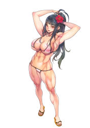 1girl :p abs armpits arms_up bikini black_hair blush body_blush breasts cameltoe deep_skin covered_erect_nipples f.s. feet female_focus flower full_body hair_flower hair_ornament highres large_breasts legs licking_lips long_hair looking_at_viewer micro_bikini muscular muscular_female naughty_face navel nipples original ponytail sandals see-through_clothes simple_background solo standing swimsuit thighs toes toned tongue tongue_out tsurime white_background yellow_eyes