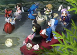 6+girls :3 animal animal_ears animal_on_lap bare_shoulders barefoot black_hair blazer blonde_hair blue_dress blue_hair bow braid bright_pupils brown_headwear chamaji closed_mouth detached_sleeves dress earclip floppy_ears food from_above green_eyes grey_hair hair_bow hair_tubes hakurei_reimu hat highres houraisan_kaguya inaba_tewi jacket kine long_hair long_sleeves looking_at_another looking_up mallet medium_hair mochi mochitsuki moon moon_reflection mortar_(bowl) multiple_girls necktie night nontraditional_miko on_lap open_mouth outdoors pants puddle purple_hair rabbit rabbit_ears rabbit_tail red_eyes reflection reisen_udongein_inaba ribbon-trimmed_sleeves ribbon_trim ringo_(touhou) seiran_(touhou) shirt short_hair short_sleeves single_braid sitting skirt skirt_set sleeveless sleeveless_shirt smile standing tail touhou very_long_hair water white_pupils wide_sleeves yagokoro_eirin
