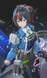 1girl absurdres black_background black_hair breasts closed_mouth collared_shirt green_necktie hair_ornament high-waist_pants highres large_breasts long_hair looking_to_the_side necktie orange_eyes orange_hair pants police police_uniform policewoman ponytail shirt solo standing user_tgdx3848 zenless_zone_zero zhu_yuan