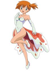 1girl breasts cleavage cosplay creatures_(company) game_freak gen_1_pokemon goldeen goldeen_(cosplay) green_eyes leotard medium_breasts misty_(pokemon) nintendo orange_hair pokemon pokemon_(anime) pokemon_(classic_anime) pokemon_ep043 solo white_leotard