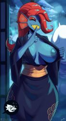 Rule 34 | 3girls, alphys, blue kimono, blue skin, breasts, breasts out, closed eyes, colored skin, deltarune, finger to mouth, fins, head fins, highres, japanese clothes, kimono, lyorenth, multiple girls, red hair, sharp teeth, shushing, teeth, toriel, undertale, undyne