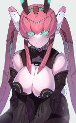 Rule 34 | 1girl, animal ears, black leotard, blue eyes, breasts, cleavage, fake animal ears, fake tail, grey background, hakidashi 11, large breasts, leotard, long hair, phantasy star, phantasy star online 2, pink hair, playboy bunny, rabbit ears, rabbit tail, robot girl, simple background, smile, solo, strapless, tail, twintails, very long hair