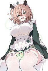 Rule 34 | 1girl, :d, absurdres, animal ears, apron, between thighs, breasts, brown hair, contrast collar, dress, frilled apron, frills, garter straps, green dress, green eyes, hair between eyes, hat, highres, indie virtual youtuber, koahri, large breasts, long sleeves, looking at viewer, name tag, naplings (nimi nightmare), nimi nightmare, nurse, nurse cap, one side up, open mouth, short hair, simple background, sitting, skindentation, sleeve slit, smile, solo, tapir ears, tapir girl, teeth, thighhighs, upper teeth only, virtual youtuber, white apron, white background, white thighhighs