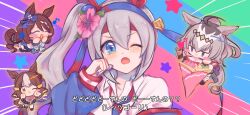 4girls ahoge animal_ears belno_light_(umamusume) blue_eyes blue_hairband blue_jacket blue_necktie blush_stickers bow brown_eyes brown_hair chibi closed_eyes closed_mouth dress_shirt ear_bow ear_covers ear_ornament ear_ribbon eighth_note emphasis_lines flower food grey_hair hair_flower hair_ornament hairband headband hibiscus highres horse_ears horse_girl horse_tail jacket jitome letter_hair_ornament long_hair long_sleeves loose_necktie mini_person minigirl multiple_girls musical_note necktie notice_lines obaa-chan_(golden_retriever) off_shoulder oguri_cap_(umamusume) one_eye_closed open_mouth parfait purple_nails red_headband school_uniform shirt short_hair side_ponytail smile star_(symbol) super_creek_(umamusume) tail tamamo_cross_(umamusume) tracen_ondo_(song) translated umamusume umamusume:_cinderella_gray white_shirt