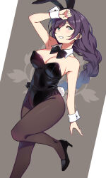 1girl animal_ears bare_shoulders black_bow black_bowtie black_leotard black_shoes bow bowtie braid braided_ponytail breasts brown_pantyhose detached_collar duke_(inu_daimyou) fake_animal_ears green_eyes highres leotard long_hair looking_at_viewer love_live! love_live!_school_idol_project medium_breasts pantyhose playboy_bunny purple_hair rabbit_ears rabbit_tail shoes smile solo tail tojo_nozomi