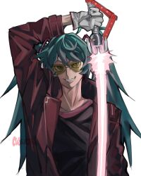 1girl absurdres arm_up aviator_sunglasses beam_katana blue_hair collarbone commentary cosplay energy_sword english_commentary eyelashes fayee_o grin hair_ornament hatsune_miku highres holding holding_sword holding_weapon jacket long_hair no_more_heroes open_clothes open_jacket smile solo sunglasses sword travis_touchdown travis_touchdown_(cosplay) twintails vocaloid weapon white_background