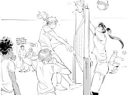 2boys 5girls bad_id bad_twitter_id ball black_hair bob_cut brother_and_sister curly_hair dark-skinned_female dark_skin english_text greyscale haikyuu!! hands_in_pockets highres hinata_natsu hinata_shouyou indoors jumping kageyama_tobio monochrome multiple_boys multiple_girls net playing_sports ponytail shirt short_hair short_sleeves siblings smile sportswear sweat very_short_hair volleyball volleyball_(object) volleyball_net volleyball_uniform yanghinataboke