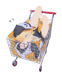 Rule 34 | 1boy, absurdres, aotu world, baseball cap, black hat, black shorts, blonde hair, blue eyes, chinese commentary, chips (food), dated, eating, food, food in mouth, full body, hair between eyes, hat, highres, holding, holding food, hood, hood down, hoodie, in shopping cart, king (aotu world), legs up, long sleeves, looking at viewer, looking back, lying, male focus, mouth hold, multicolored hat, multicolored hoodie, on back, pingyooooxuannian, pointy ears, shopping cart, short hair, short sleeves, shorts, simple background, sitting, solo, white background, white hoodie
