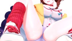 1girl 3d braid brown_hair collar dog_girl dress from_below highres hololive hololive_gamers inugami_korone jacket legs_apart open_mouth panties pantyshot shoes sneakers socks solo tsukishiro_nagisa underwear virtual_youtuber white_dress yellow_jacket