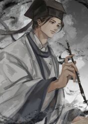 111218422 1boy absurdres black_hair black_hat black_smoke brown_eyes calligraphy_brush chinese_clothes chinese_commentary closed_mouth dao_gui_yi_xian flute grey_background hanfu hat hat_ribbon highres holding holding_calligraphy_brush holding_paintbrush ink instrument jin_(headwear) long_hair long_sleeves looking_down male_focus paintbrush ribbon robe smile smoke solo updo upper_body white_hanfu wide_sleeves writing zhouzi_jin_(headwear) zhuge_yuan