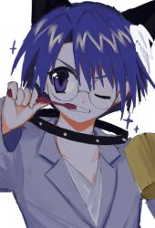 animal_collar animal_ear_fluff animal_ears black_collar blue_hair cat_ears collar dark_blue_hair di_gi_charat grey_shirt highres ky_schweitzer one_eye_closed pepeppepe101 purple_eyes purple_hair shirt solo