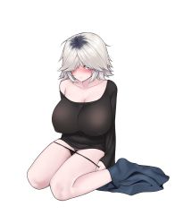 1girl 3: bad_id bad_pixiv_id black_hair blush breasts collarbone female_pubic_hair full_body hair_dye hair_over_one_eye highres huge_breasts kbn317 last_origin looking_at_viewer multicolored_hair muse_(last_origin) off_shoulder pale_skin panties panty_pull pubic_hair purple_eyes roots_(hair) short_hair simple_background skirt skirt_around_one_leg solo sweat two-tone_hair underwear white_background white_hair