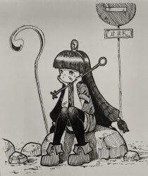 1girl bandaid bandaid_on_face boots commentary_request facial_mark greyscale holding holding_scepter long_hair michigami_nareko monochrome road_sign rock scepter shirt short_sleeves shorts sign sitting solo sphere_hair_ornament stop_sign suteruko thighhighs touhou traditional_media translated triangle triangle_facial_mark very_long_hair