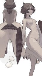 1girl animal_ears anus bird_ears bird_legs bird_tail breasts brown_eyes brown_feathers brown_hair brown_wings censored commentary_request egg egg_laying feathered_wings feathers hair_over_eyes harpy highres looking_at_viewer monster_girl mosaic_censoring multiple_views navel nude original pussy pussy_juice small_breasts tail talons user_chahan winged_arms wings wolf_cut
