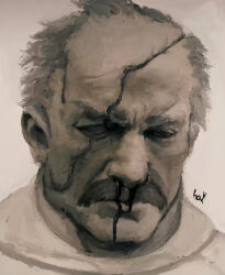Rule 34 | 1boy, artist name, balding, baylith2, blind eye, blood, bodysuit, conquest (invincible), depressed, facial hair, greyscale, highres, invincible (series), looking down, monochrome, muscular, mustache, nosebleed, old, old man, partially blind, sad, scar, scar across eye, scar on face, scar on head, signature, solo, thick mustache, white hair