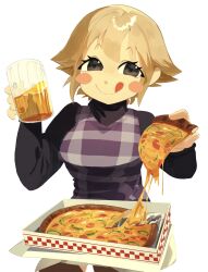 1girl alcohol beer beer_mug black_eyes blonde_hair blush_stickers cheese cheese_trail closed_mouth commentary cowboy_shot cup double-parted_bangs english_commentary eyelashes facing_viewer film_grain flipped_hair food green_pepper hands_up highres holding holding_cup holding_food holding_pizza licking_lips long_sleeves looking_at_viewer medium_hair mug no_lineart paobebe9000 pizza pizza_box plaid_clothes plaid_sweater raised_eyebrows sidelocks simple_background sitting skirt smile solo sweater tongue tongue_out turtleneck turtleneck_sweater unusually_open_eyes urotsuki white_background white_skirt yume_2kki