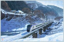 building commentary_request day east_japan_railway_company house jr_east_e353_series landscape mountain mugumo_24k multiple_unit_train nagano_prefecture no_humans original overhead_line power_lines railroad_tracks revision river scenery signature snow train tree water winter