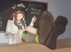 1girl absurdres brown_eyes brown_hair chalkboard feet highres long_hair looking_at_viewer pointer sa-baaa see-through_clothes see-through_legwear socks soles toes translated