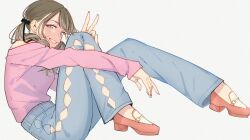 1girl aam09212 amane_sachika blonde_hair earrings full_body highres jewelry kamen_rider kamen_rider_gavv_(series) long_hair long_sleeves looking_at_viewer pants shirt simple_background sitting smile