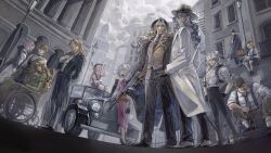 Rule 34 | 3girls, 6+boys, absurdres, alternate costume, architecture, astolfo (fate), avicebron (fate), blonde hair, bottle, brown hair, brown vest, butler, car, caules forvedge yggdmillennia, celenike icecolle yggdmillennia, chiron (fate), cigarette, closed eyes, cloud, cloudy sky, coat, darnic prestone yggdmillennia, double-barreled shotgun, dress, facial hair, fat, fat man, fate/apocrypha, fate (series), fiore forvedge yggdmillennia, fisheye, formal clothes, frankenstein&#039;s monster (fate), gan&#039;yugu, glasses, gloves, gordes musik yggdmillennia, grey hair, grey sky, gun, hat, highres, holding, holding cigarette, holding gun, holding weapon, holster, jacket, lamppost, long hair, long sleeves, looking at viewer, maid, motor vehicle, multiple boys, multiple girls, mustache, necktie, no horns, on car, outdoors, overcast, partially unbuttoned, pectorals, pink hair, ponytail, rifle, roche frain yggdmillennia, round eyewear, short hair, shotgun, shoulder holster, siegfried (fate), sitting, sky, smoking, standing, suit, suspenders, vest, vlad iii (fate/apocrypha), wavy hair, weapon, wheelchair, white hair, wine bottle