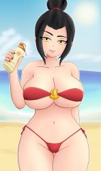 1girl absurdres avatar:_the_last_airbender avatar_legends azula beach bikini black_hair blurry blurry_background breasts cleavage collarbone cowboy_shot depthsofmind female_focus grin hair_bun hair_ornament highres holding large_breasts lipstick looking_at_viewer lotion makeup nail_polish navel ocean outdoors outline red_bikini single_hair_bun smile solo sunscreen swimsuit thighs yellow_eyes