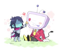 1boy 1other ant_tenna armor bgzkti black_bodysuit black_pants blue_hair blue_skin blush_stickers bodysuit cape chibi colored_skin crt deltarune electric_plug electric_plug_tail flower full_body grass heart holding holding_flower kris_(dark_world)_(deltarune) kris_(deltarune) necktie object_head on_ground pants pointy_nose red_cape shoes single_blush_sticker sitting standing tail tailcoat yellow_necktie yellow_shoes