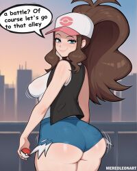 absurdres ai-assisted artist_name ass ass_focus blue_eyes breasts brown_hair city english_text hat highres hilda_(pokemon) holding holding_poke_ball huge_ass jeans_shorts large_breasts legs_together looking_at_viewer looking_back mereoleonart nintendo poke_ball pokemon pokemon_bw ponytail shiny_skin short_shorts shorts smile speech_bubble thick_thighs thighs
