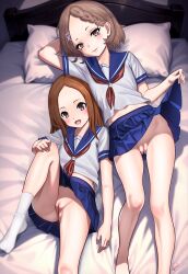 2girls bed bed_sheet blue_sailor_collar blue_skirt blush braid braided_bangs brown_eyes brown_hair clothes_lift elementary_(lolipope) forehead hair_ornament hairpin highres houjou_(takagi-san) karakai_jouzu_no_takagi-san lifting_own_clothes loli long_hair looking_at_viewer lying mole mole_under_eye multiple_girls neckerchief no_panties on_back on_bed open_mouth pillow pleated_skirt pussy red_neckerchief sailor_collar school_uniform serafuku shirt short_hair single_sidelock skirt skirt_lift smile socks takagi-san uncensored white_shirt white_socks x_hair_ornament