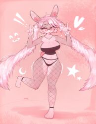 ! !! 1girl :3 ahoge animal_feet artist_name bare_shoulders barefoot black_leggings black_panties black_shirt blush body_fur breasts brown_fur cleavage closed_mouth collarbone crescent crop_top double_v feet female_focus fishnet_leggings fishnets full_body furry furry_female glasses glint hands_up happy heart highres irthnmoon jewelry ko-fi_username large_breasts leg_up leggings legs long_hair looking_at_viewer navel necklace no_pants notice_lines original outdoors panties pink_background pink_fur pink_hair pink_theme rabbit_ears rabbit_girl rabbit_tail red_eyes round_eyewear shiny_skin shirt short_tail skindentation smile solo standing standing_on_one_leg star_(symbol) stomach strapless strapless_shirt tail thick_thighs thighs tongue tongue_out tube_top twintails two-tone_fur underwear v very_long_hair watermark web_address wide_hips