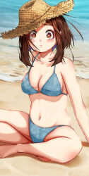 1girl absurdres barefoot beach bikini blue_bikini boku_no_hero_academia breasts brown_eyes brown_hair brown_hat cleavage commentary hat highres indian_style kaneko_ryou medium_breasts ocean short_hair sitting solo straw_hat swimsuit uraraka_ochako water waves