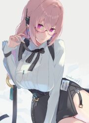 1girl black_bow black_bowtie black_skirt bow bowtie breasts collared_shirt earrings glasses hair_between_eyes high-waist_skirt highres hourglass_earrings jewelry large_breasts long_hair long_sleeves looking_at_viewer oyakoricell pencil_skirt pink_eyes pink_hair shirt sitting skirt tsukishiro_yanagi white_shirt zenless_zone_zero