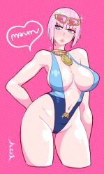 Rule 34 | 1girl, bare shoulders, blue eyes, blush, breasts, collarbone, cowboy shot, cropped legs, groin, hachinos ssb, heart, highleg, highres, large breasts, lips, looking at viewer, makeup, manon legrand, navel, one-piece swimsuit, pink background, pink hair, short hair, slingshot swimsuit, solo, street fighter, street fighter 6, swimsuit