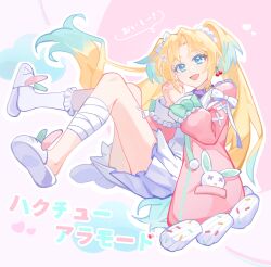 1girl :d absurdres achin_(putsi_2025) bandaged_leg bandages blonde_hair blue_eyes blue_hair bow choker coat cross-laced_clothes cross-laced_sleeves curtained_hair dress fang food-themed_clothes frilled_socks frills full_body gradient_hair hair_bobbles hair_bow hair_ornament hakuchu_a_la_mode heart heart_o-ring heart_ring_choker highres interlocked_fingers link!_like!_love_live! long_hair love_live! multicolored_hair o-ring o-ring_choker official_alternate_costume open_mouth osawa_rurino outline own_hands_clasped own_hands_together parted_bangs pink_background pink_coat pleated_dress purple_choker sailor_collar sailor_dress short_dress single_sock slippers smile socks solo song_name speech_bubble stuffed_animal stuffed_rabbit stuffed_toy translated twintails very_long_hair virtual_youtuber white_bow white_dress white_outline white_sailor_collar white_slippers white_socks