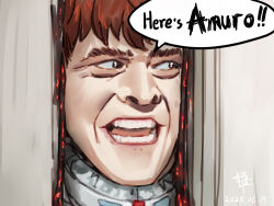 1boy amuro_ray broken_door cosplay crazy_eyes door english_text fake_screenshot gundam gundam_gquuuuuux here&#039;s_johnny!_(meme) jack_torrance jack_torrance_(cosplay) mecha_pilot_suit meme military_rank_insignia mobile_suit_gundam parody qingmingtongzi realistic red_hair science_fiction teeth the_shining