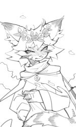 1girl 3gs animal_ear_fluff animal_ears animal_nose averting_eyes blush body_fur breasts cat_ears cat_girl cat_tail cloak crescent crescent_necklace dress embarrassed facial_mark female_focus full-face_blush furry furry_female greyscale hand_on_own_hip hand_up head_wreath jewelry long_sleeves looking_to_the_side monochrome necklace original raised_eyebrows ring short_hair sketch small_breasts solo spiked_hair split_mouth standing striped_tail sweat tail upper_body wedding_band whisker_markings white_background