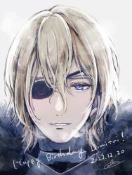 Rule 34 | 1boy, armor, black armor, black fur, blue eyes, breastplate, character name, commentary request, dated, dimitri alexandre blaiddyd, dimitri alexandre blaiddyd (timeskip), double-parted bangs, english text, eula rito, eyelashes, eyepatch, fire emblem, fire emblem: three houses, hair between eyes, happy birthday, highres, male focus, nintendo, one eye covered, parted lips, portrait, simple background, solo, teeth, white background