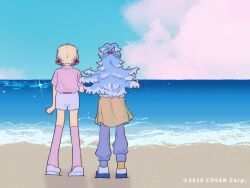 Rule 34 | 2girls, beach, blonde hair, blue hair, blue pants, blue shirt, blue sky, braid, brown jacket, clothes around waist, cloud, collared shirt, colored tips, commentary request, copyright notice, day, double bun, from behind, full body, hair bun, half up braid, high ponytail, hololive, hololive dev is, hololive indonesia, jacket, jacket around waist, kneehighs, kobo kanaeru, long hair, mary janes, multicolored hair, multiple girls, ocean, official art, onisan611, outdoors, pants, pink shirt, pink socks, ponytail, purple hair, shirt, shoes, short hair, short shorts, short sleeves, shorts, sky, sneakers, socks, split ponytail, standing, streaked hair, todoroki hajime, two-tone hair, virtual youtuber, wavy hair, white hair, white shoes, white shorts