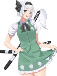 1girl black_ribbon blush bob_cut breasts cowboy_shot doitsuudon frilled_skirt frills green_eyes green_skirt grey_hair highres hitodama_print katana konpaku_youmu konpaku_youmu_(ghost) looking_at_viewer neck_ribbon ribbon shirt short_hair skirt skirt_hold skirt_set small_breasts solo sword touhou wakizashi weapon white_shirt
